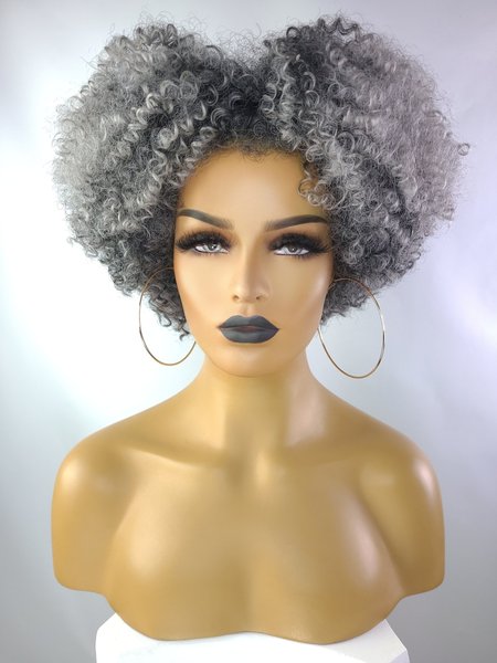 Tapered Afro Kinky Curly Wig with Afro Hairline, 8", Salt & Pepper