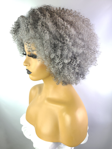 Afro Kinky Curly Wig with Afro Hairline, 10", Salt & Pepper