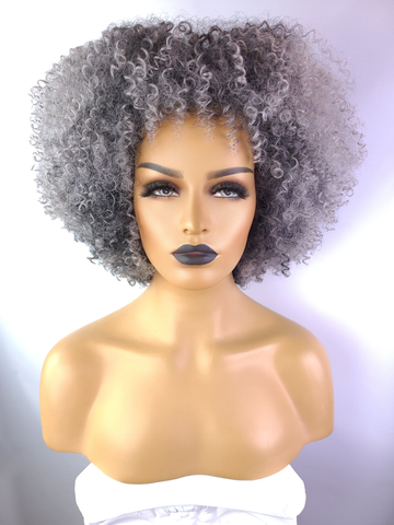 Afro Kinky Curly Wig with Afro Hairline, 10", Salt & Pepper