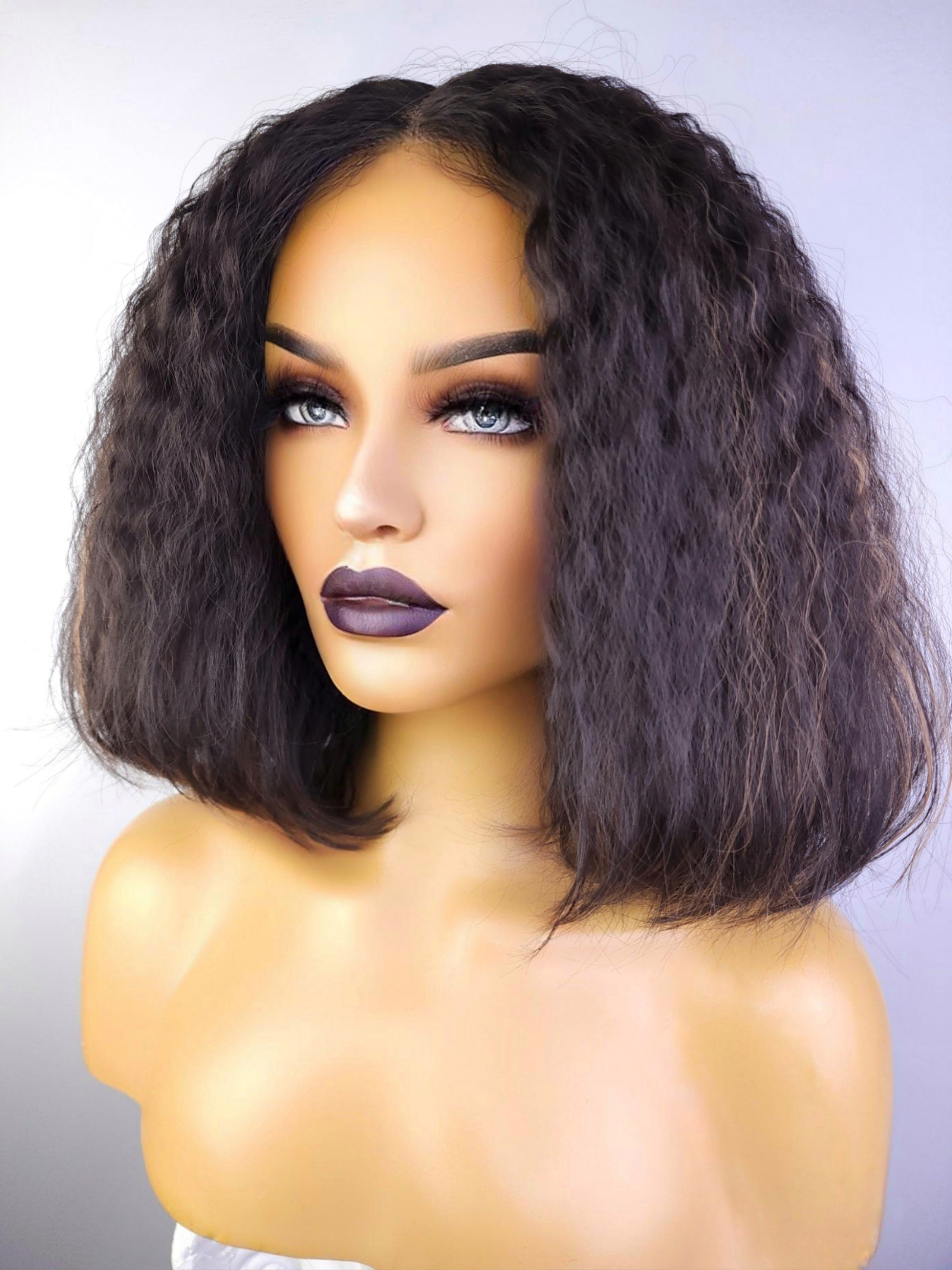 Glueless Kinky Straight Human Hair Blend TPart Bob Wig, 12